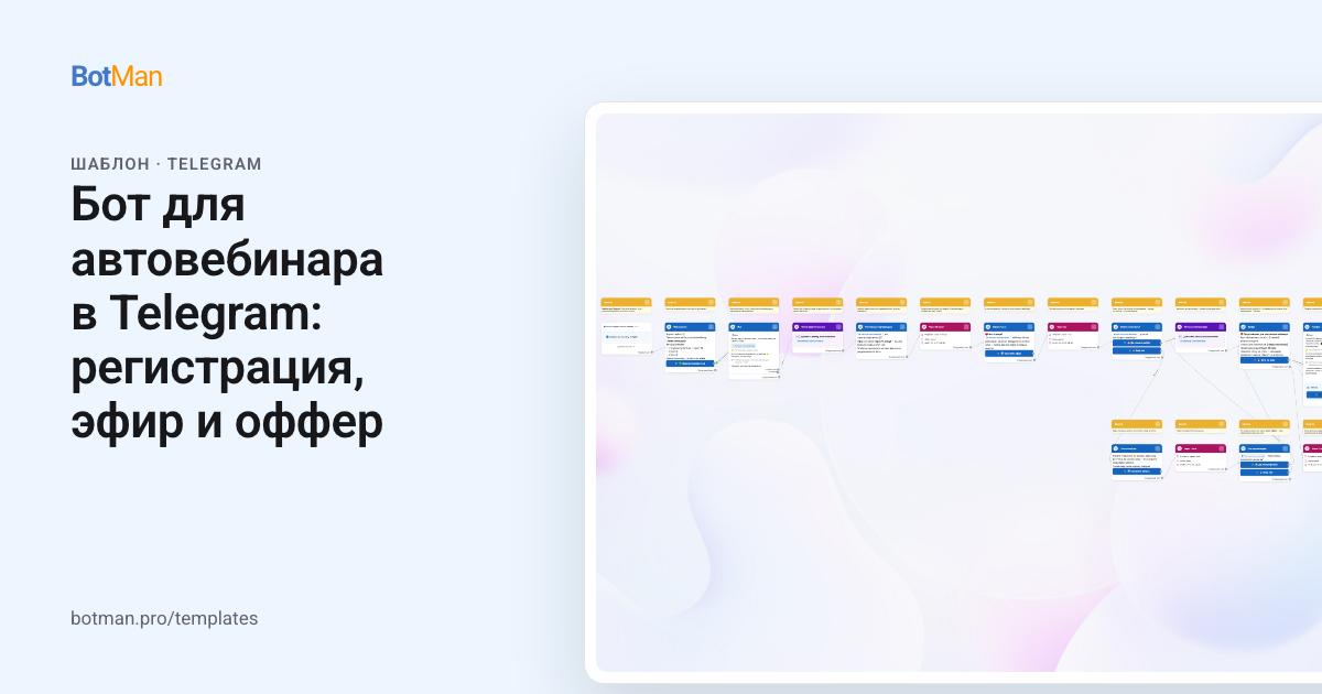 Схема шаблона «Бот для автовебинара в Telegram: регистрация, эфир и оффер»